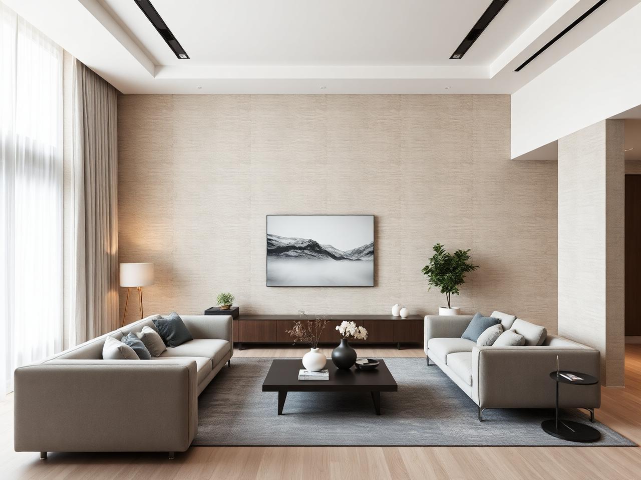 Modern living room with textured grasscloth wallpaper installed in Alpharetta, GA