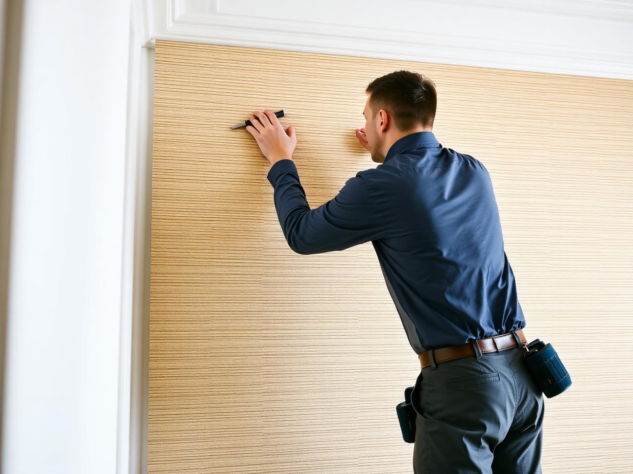 Professional wallpaper installer smoothing grasscloth wallcovering in a Cumming, GA home